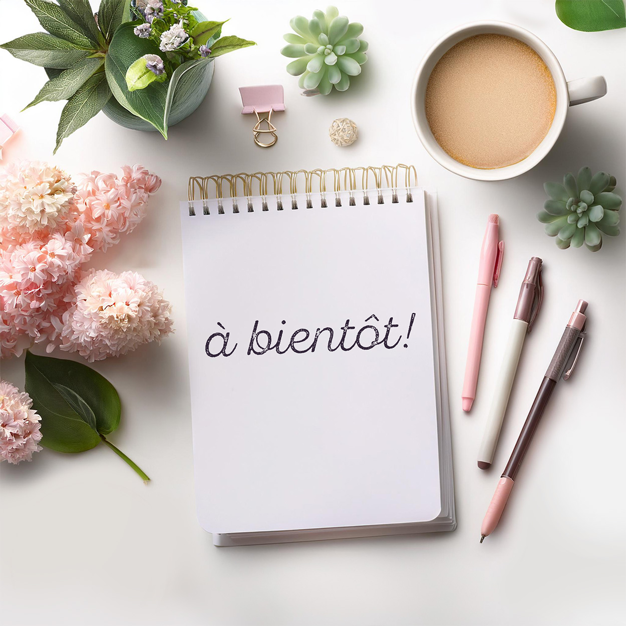 un bureau de consultante créative vu du haut avec un carnet ouvert et un texte qui dit à bientôt